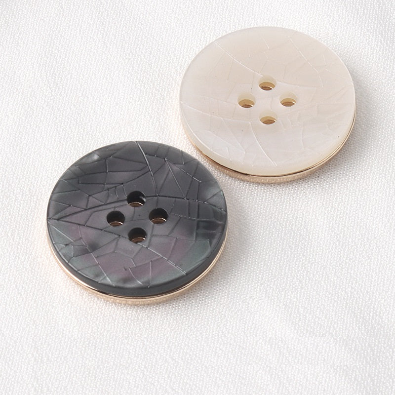 Two cracked texture round resin metal buttons with four holes: white and black