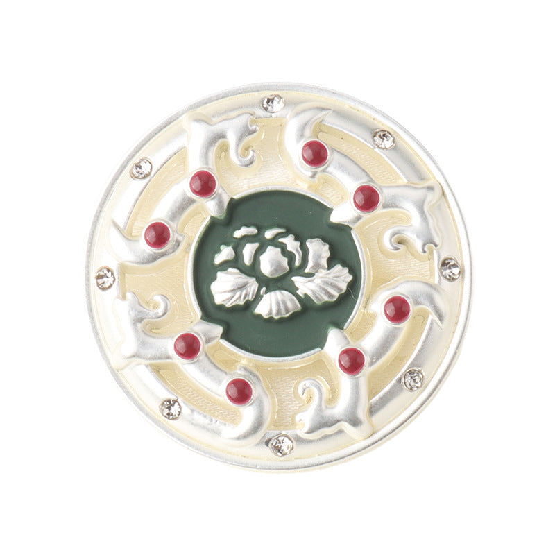 Round vintage Chinese-style rhinestone button, silver-tone metal with green center and red gems
