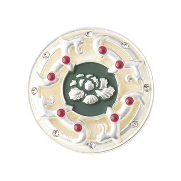 Round vintage Chinese-style rhinestone button, silver-tone metal with green center and red gems