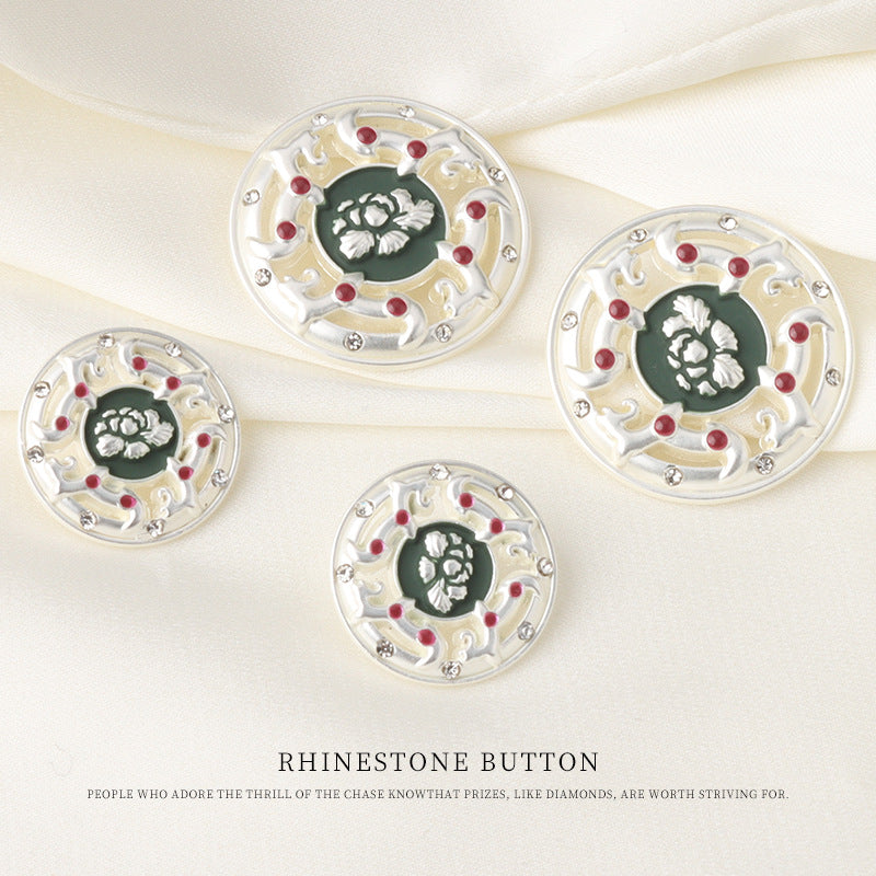 Set of round vintage Chinese-style rhinestone buttons with green floral center, red gems, silver-tone