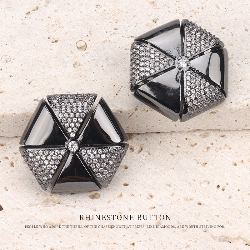 Set of 2 gunmetal black copper hollow diamond rhinestone buttons, shield cross pattern