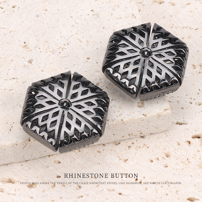 Set of 2 gunmetal black copper hollow diamond rhinestone buttons, snowflake geometric cutouts