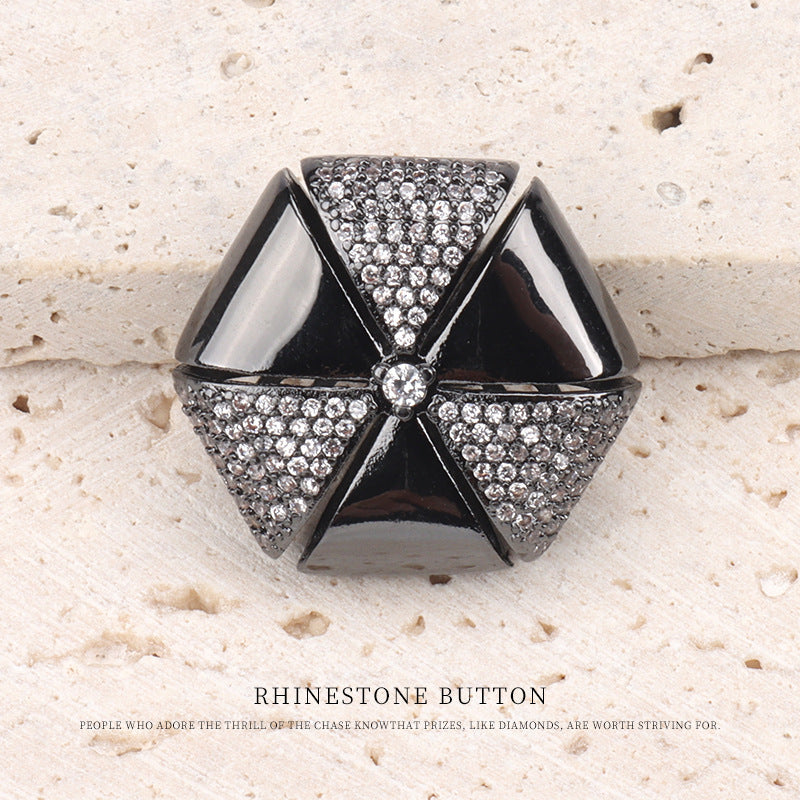 Gunmetal black copper hollow diamond rhinestone button, four-pane flower with center gem