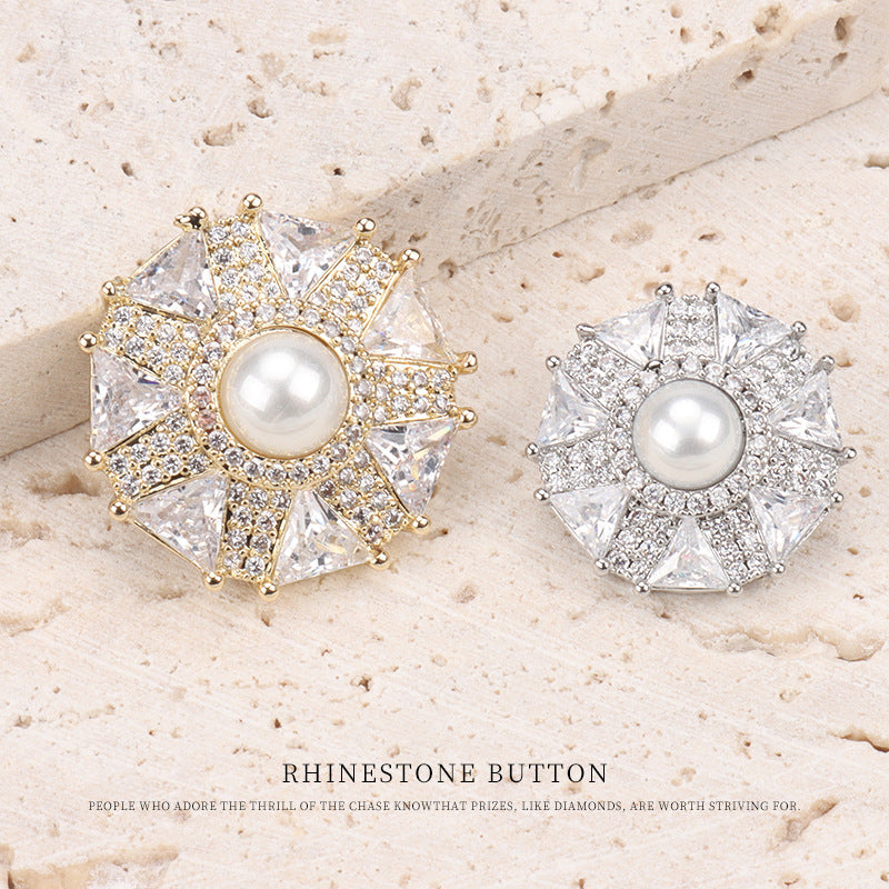 2-piece coat buttons: one silver-tone and one goldtone, each with pearl center & crystals
