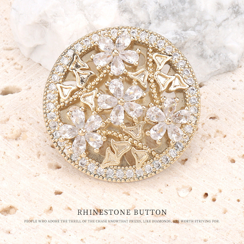 23mm gold flower-shaped rhinestone button front, 2 pcs