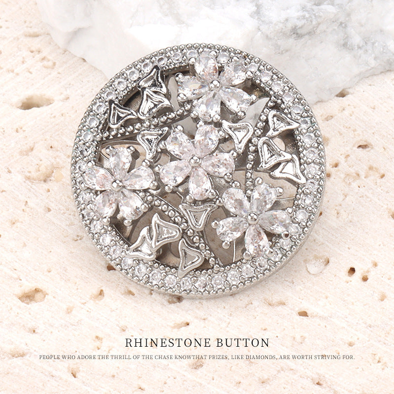 23mm silver flower-shaped rhinestone shank button front, 2 pcs