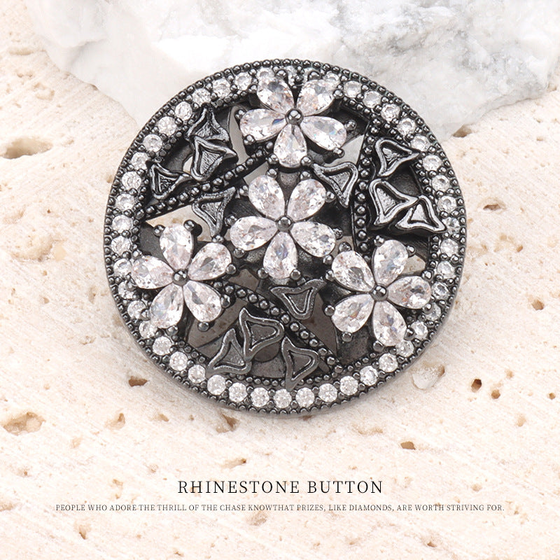 23mm gunmetal flower-shaped rhinestone shank button front, 2 pcs