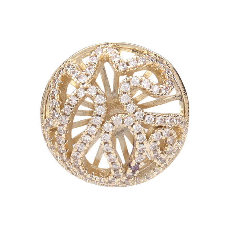 Blumenförmiger Zirkon-Diamant-Knopf, goldfarben, kupferfarbener Rand, Strahlenmuster