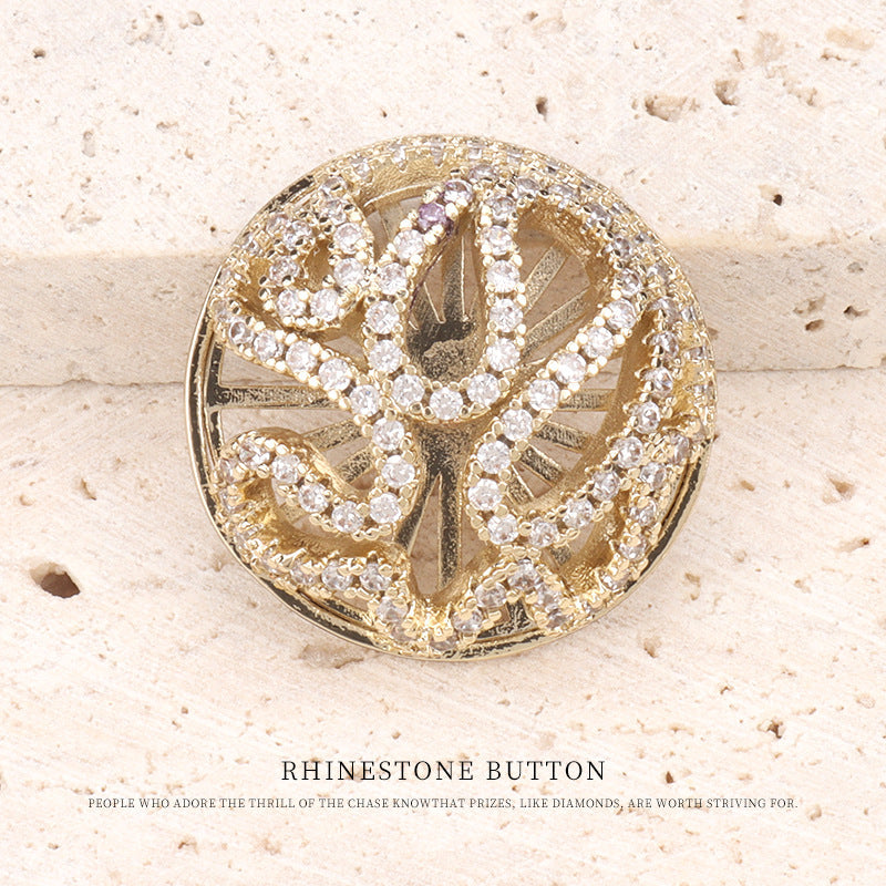 Blumenförmiger Zirkon-Diamant-Knopf, goldfarben, kupferfarbener Rahmen, Detailmosaik