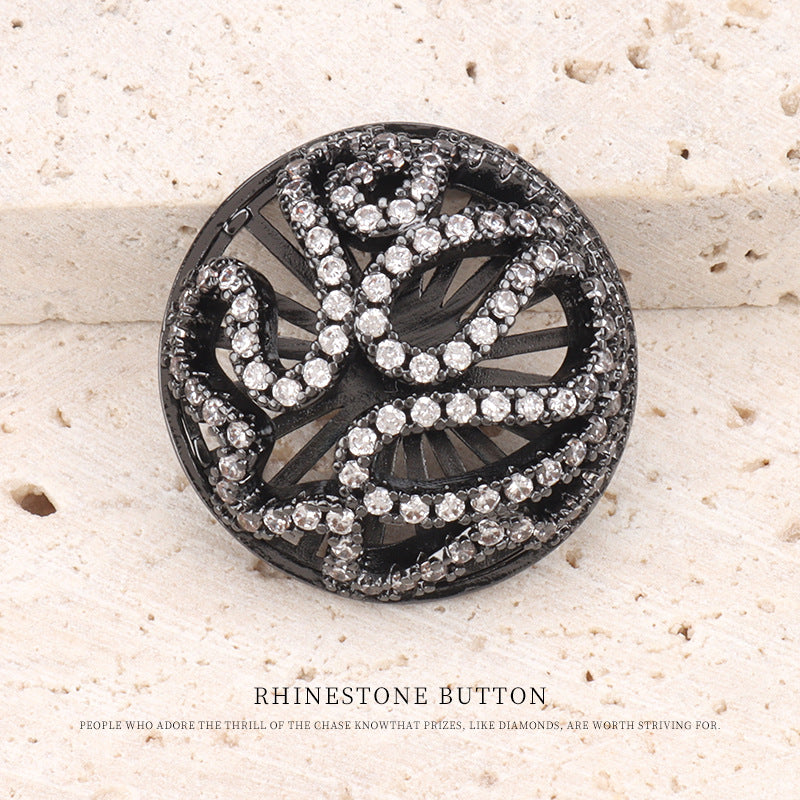 Blumenförmiger Zirkon-Knopf, dunkel-silber/gunmetal, Strahlenmuster mit funkelnden Steinen