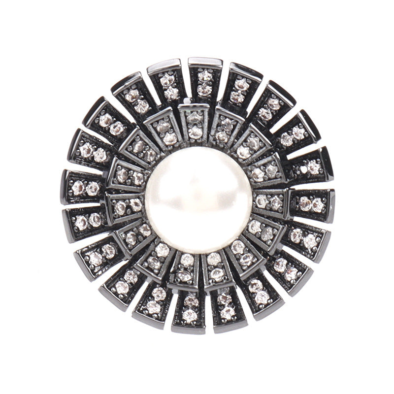 Gunmetal zircon pearl button with round clear stones, for wool coats (2 pcs).
