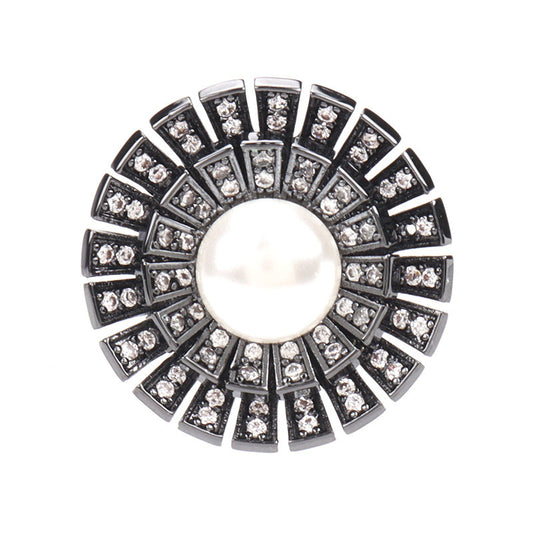 Gunmetal zircon pearl button with round clear stones, for wool coats (2 pcs).