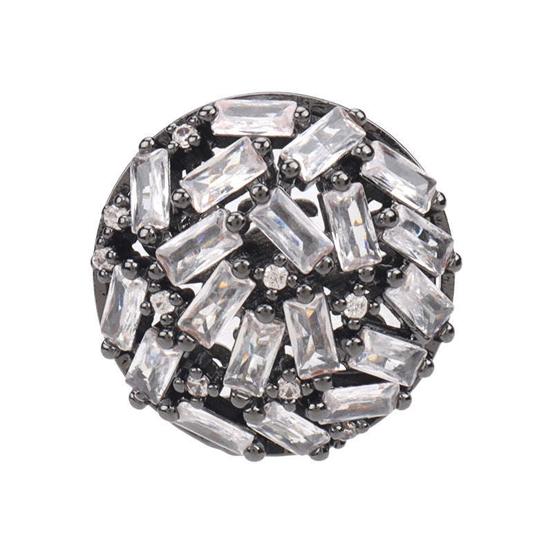 Gunmetal rhinestone button, round setting with clear baguette stones