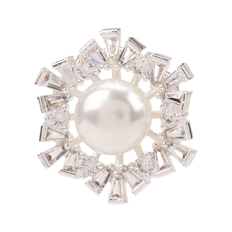 Silver decorative coat button: round pearl center with clear rhinestone baguettes
