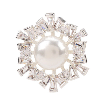 Silver decorative coat button: round pearl center with clear rhinestone baguettes