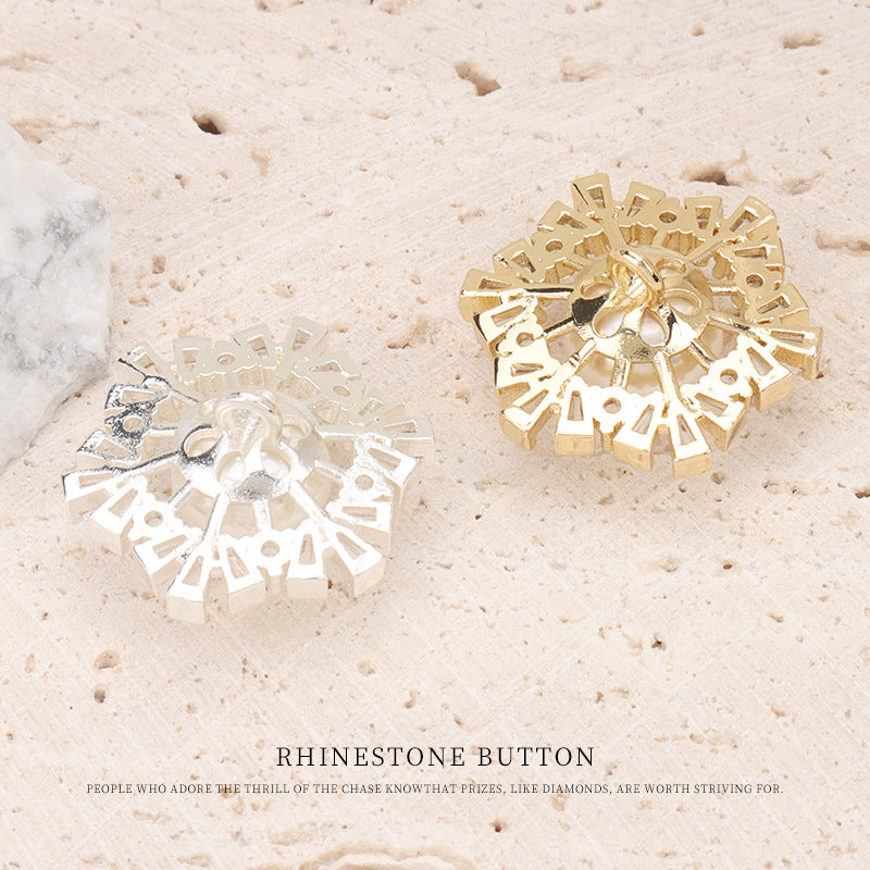 Openwork rhinestone starburst coat buttons with pearl centers, gold and silver