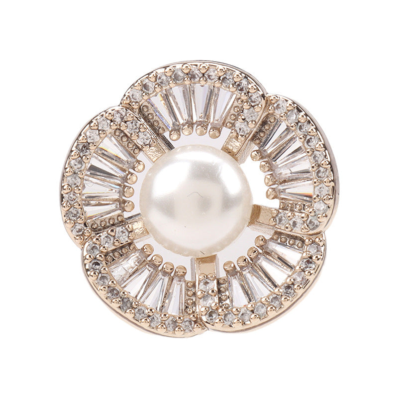 24mm gold floral rhinestone & pearl button, round with clear gem border