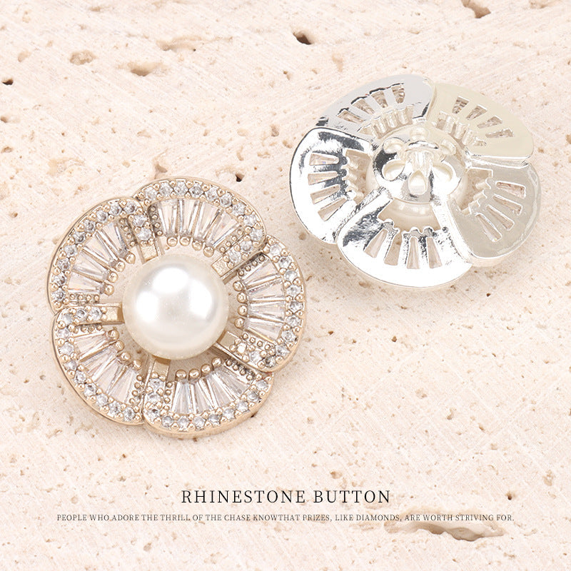2-pack: gold front pearl button with rhinestones, silver-tone back button with prongs