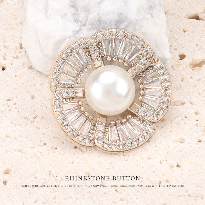 Gold floral rhinestone button, round 24mm with pearl center and crystal fan detailing