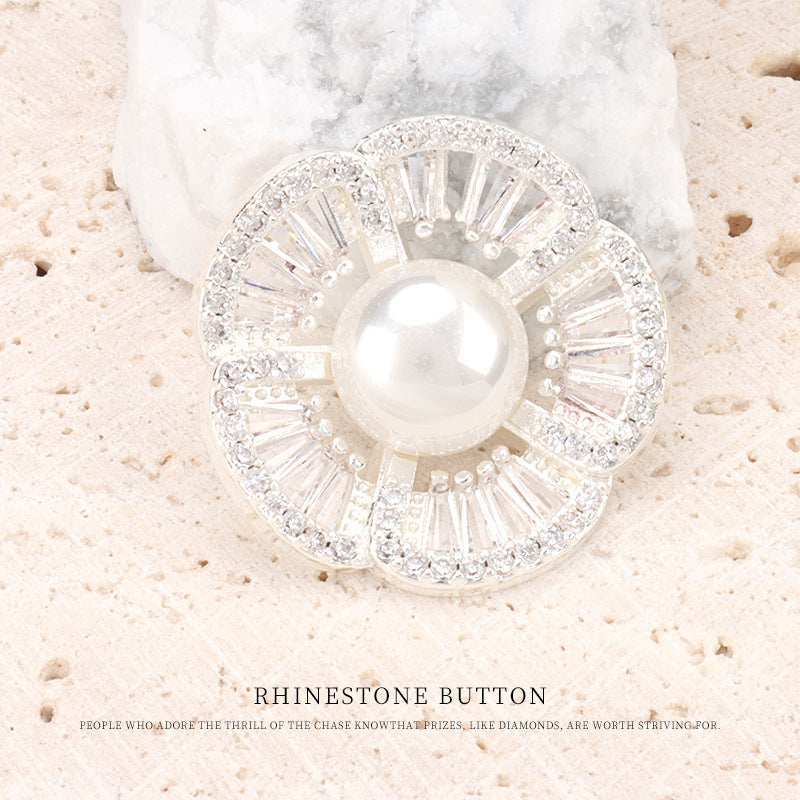 Silver-tone 24mm floral rhinestone button with pearl center and clear gem border