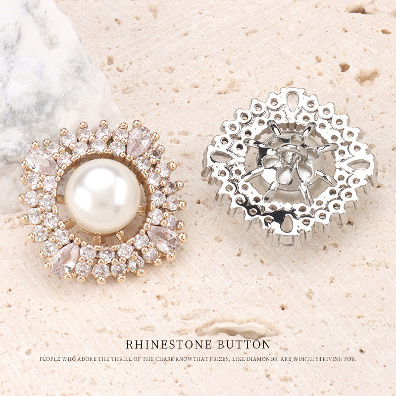 Two rhinestone pearl buttons: gold-tone front and silver-tone back view