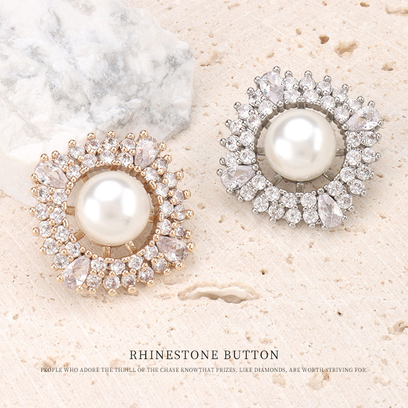 Rhinestone pearl buttons pair: gold-tone and silver-tone front with clear crystals