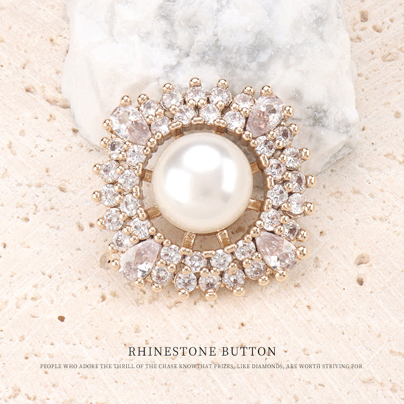 Rhinestone pearl button with gold-tone setting, white pearl center, clear crystals