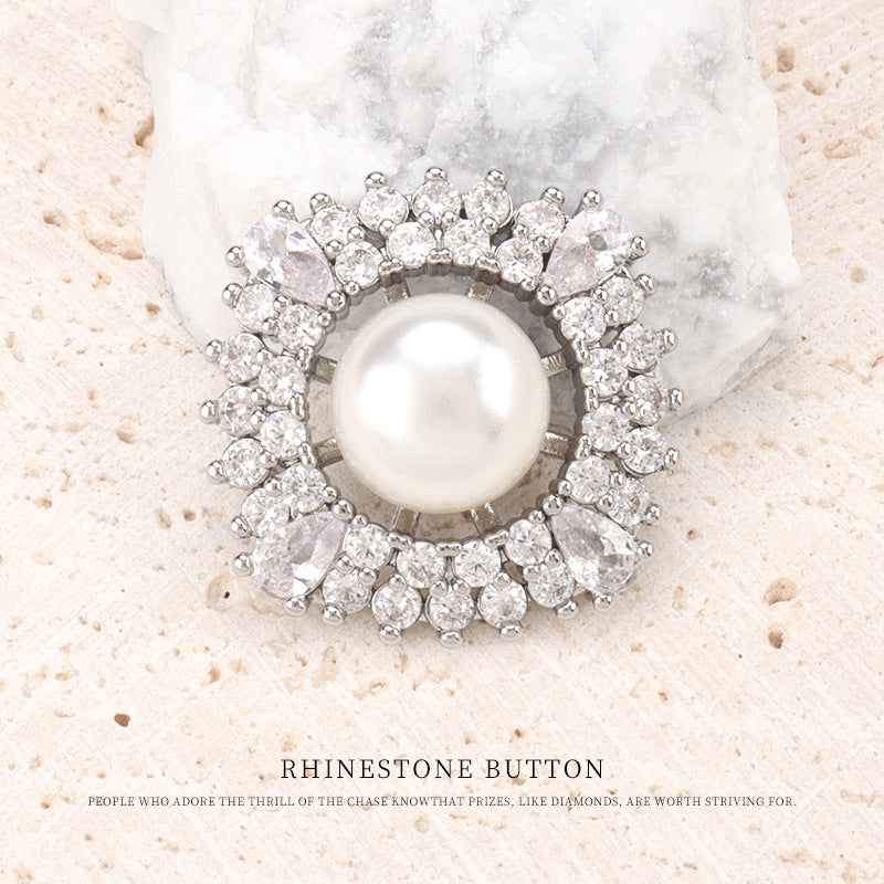 Rhinestone pearl button with silver-tone setting, white pearl center, clear crystals