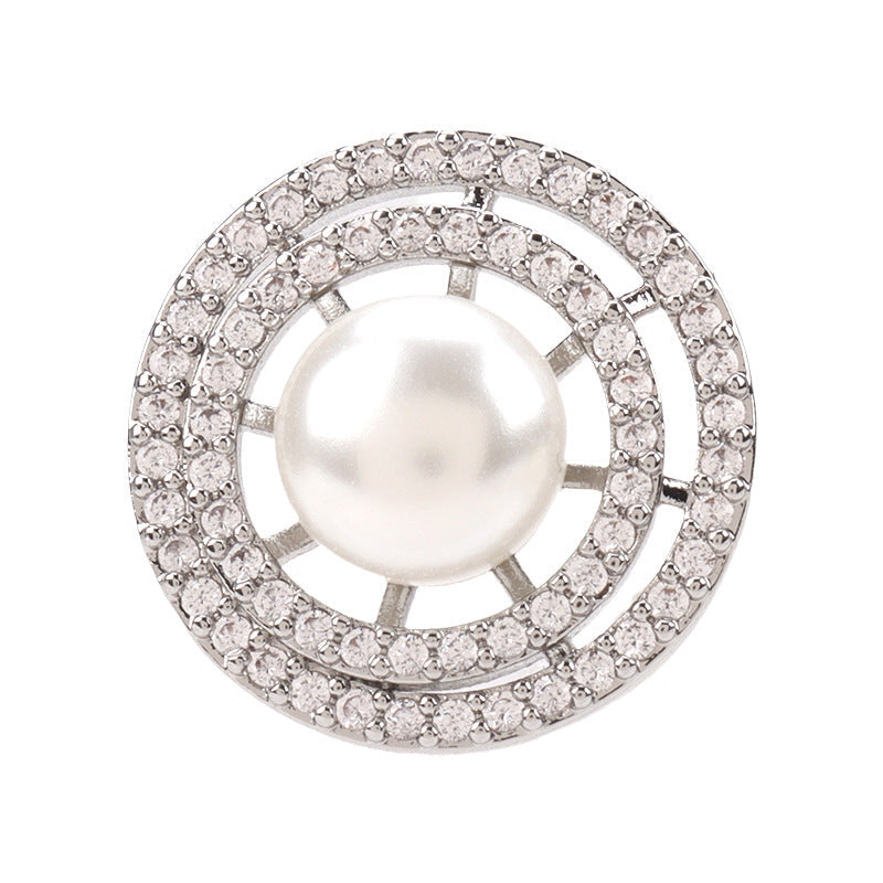 Silberner Mantelknopf mit Perle und Zirkonia-Doppelring, 2er-Set