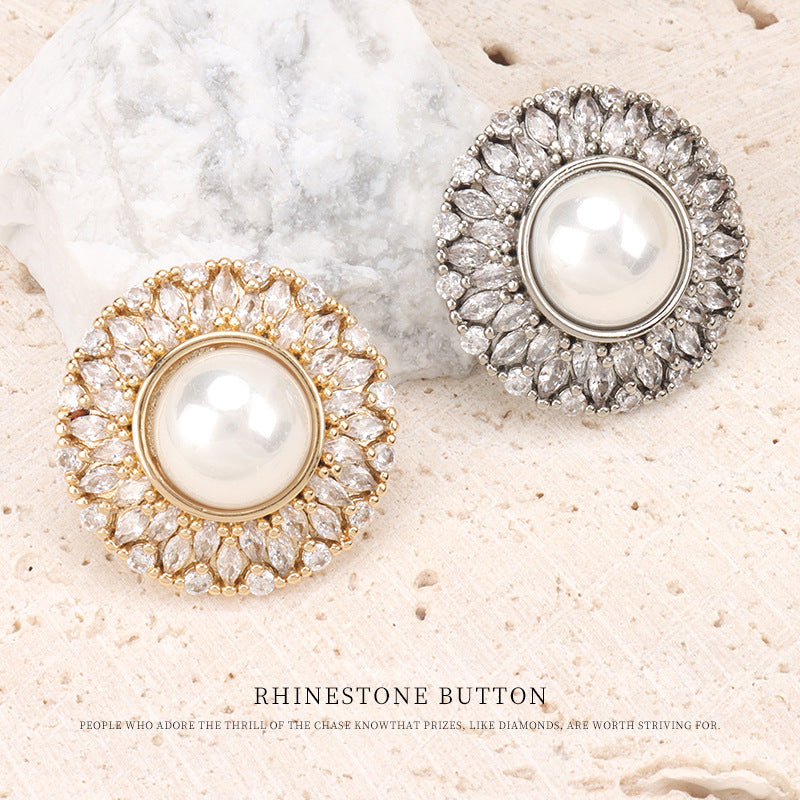 Set of 2 sunflower rhinestone buttons: gold and silver with pearl-look center