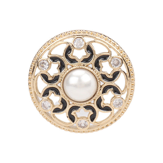 Hollow copper button: gold tone with pearl resin, clear rhinestones, black dotted filigree