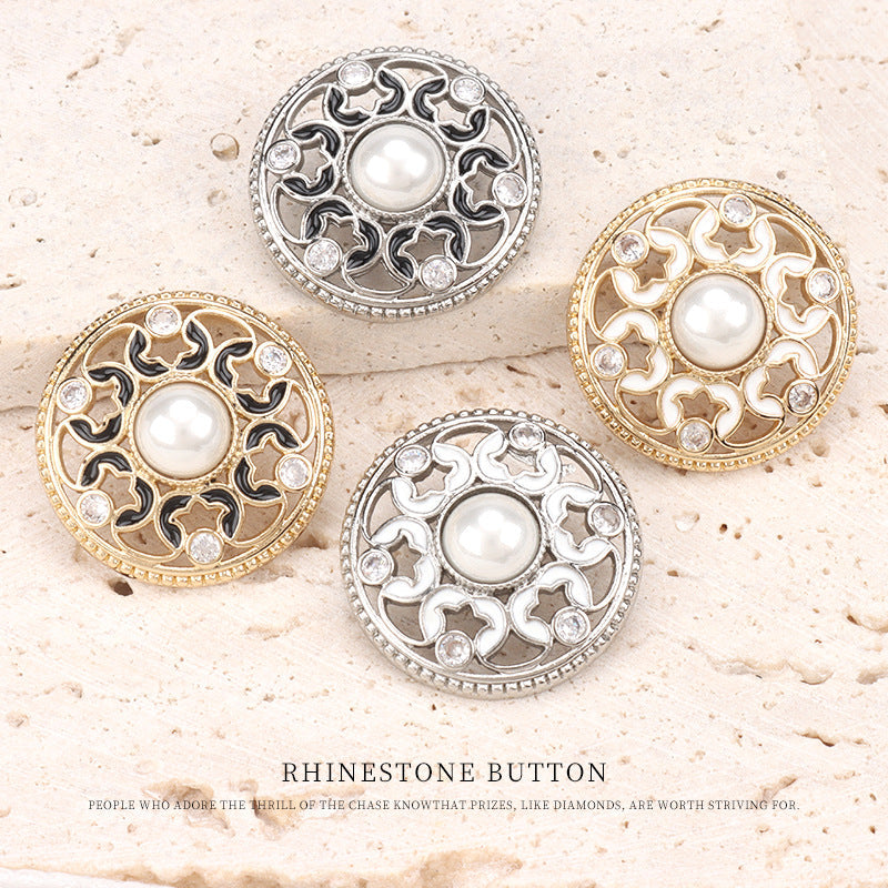 Set of dotted oil-pearl rhinestone buttons: gold white, gold black, silver white, silver black
