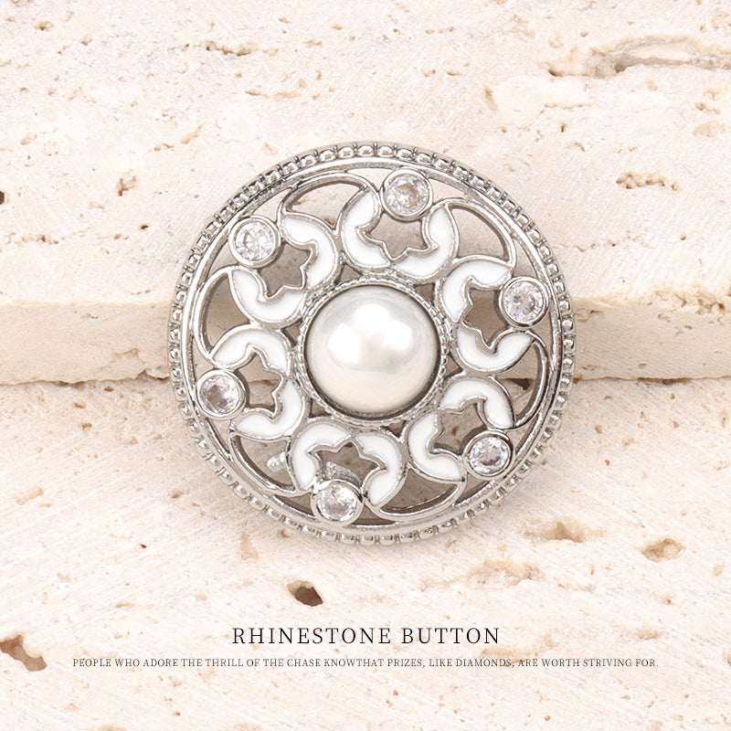 Dotted oil-pearl rhinestone button: silver tone, white enamel filigree, pearl center