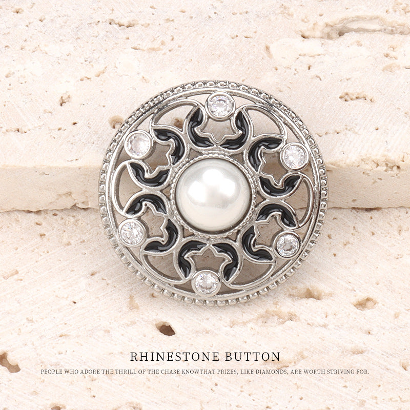 Dotted oil-pearl rhinestone button: silver tone, black enamel filigree, pearl center
