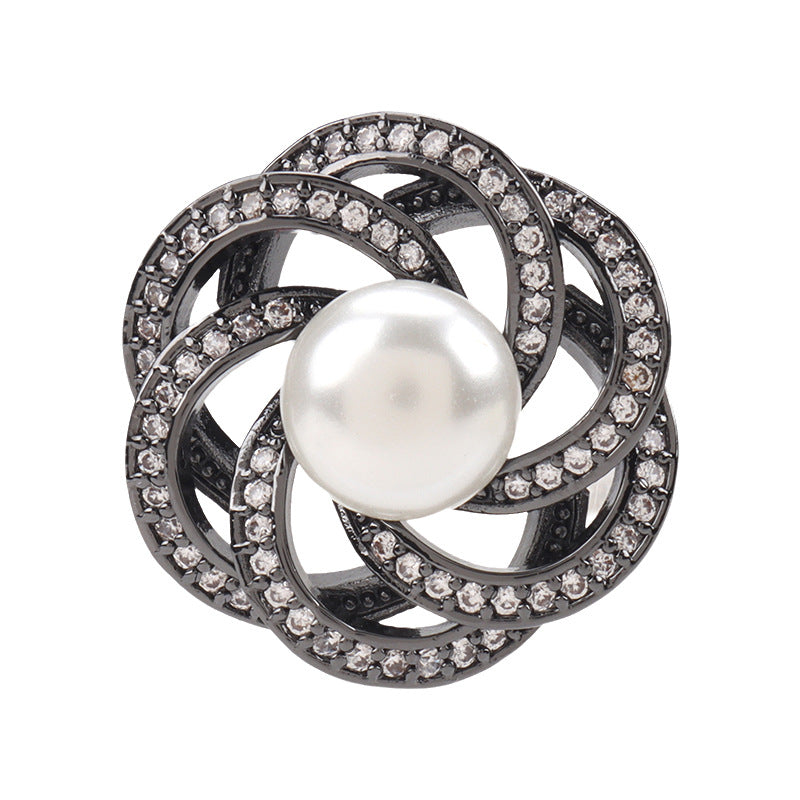 Stacked circular rhinestone pearl button, gunmetal-tone with white pearl center