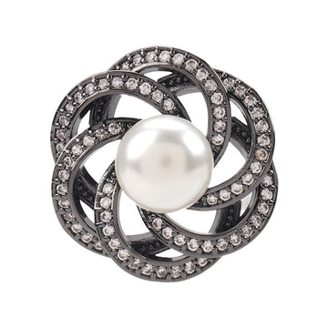 Stacked circular rhinestone pearl button, gunmetal-tone with white pearl center