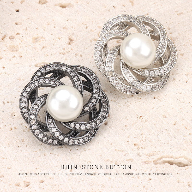 Set of 2 rhinestone pearl buttons, silver-tone stacked circular design, white pearl