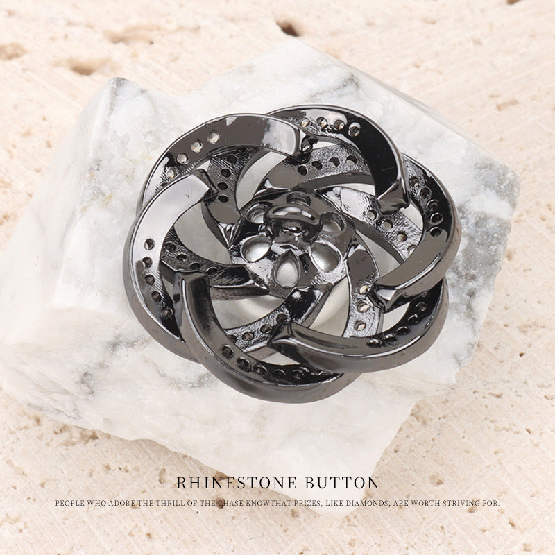 Back view of stacked circular hollow flower rhinestone pearl button, gunmetal-tone