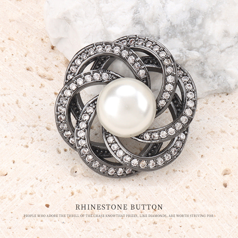 Rhinestone pearl button, gunmetal-tone stacked circular hollow flower with white pearl