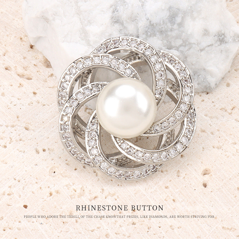 Rhinestone pearl button, silver-tone stacked circular hollow flower with white pearl