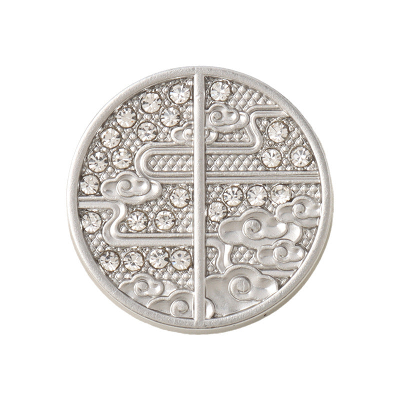 Round metal button (silver) with rhinestone Chinese pattern and center divider bar