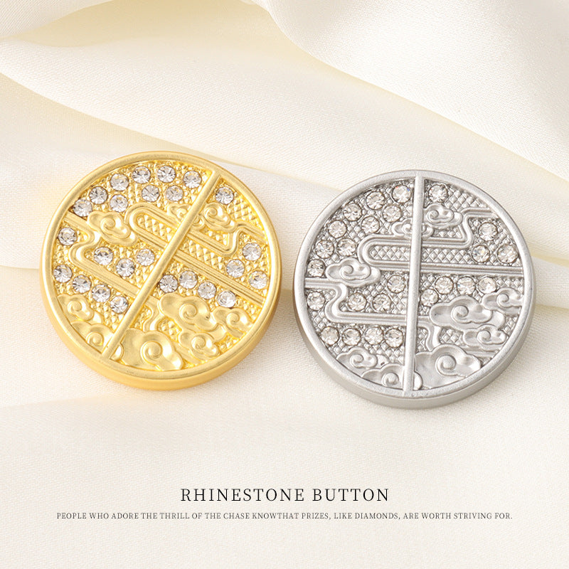 Set of round rhinestone Chinese-pattern metal buttons, gold and silver finish