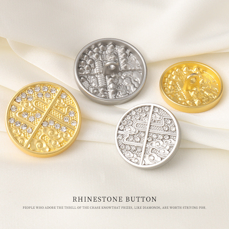 Round Chinese-pattern rhinestone buttons in gold and silver with metal shank