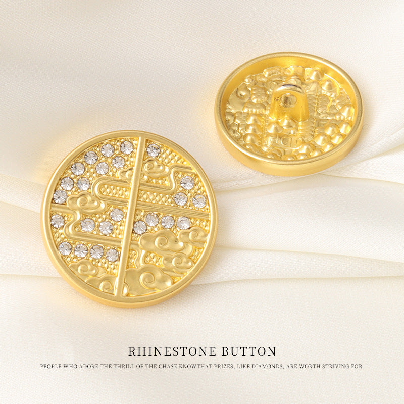 Two round gold rhinestone Chinese-pattern metal buttons with center divider bar