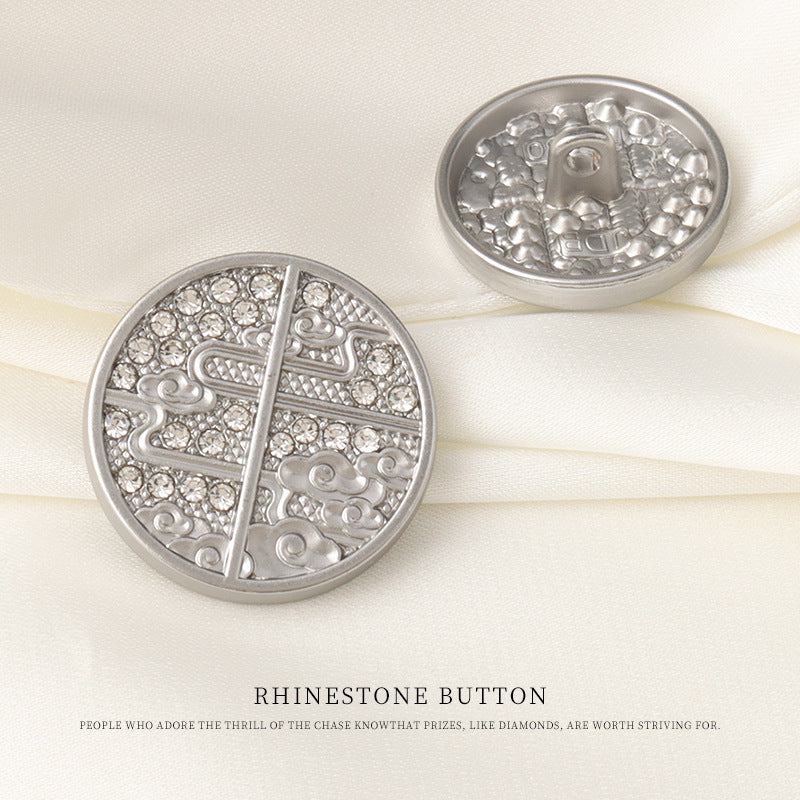 Round silver rhinestone Chinese-pattern metal buttons with center divider and metal shank