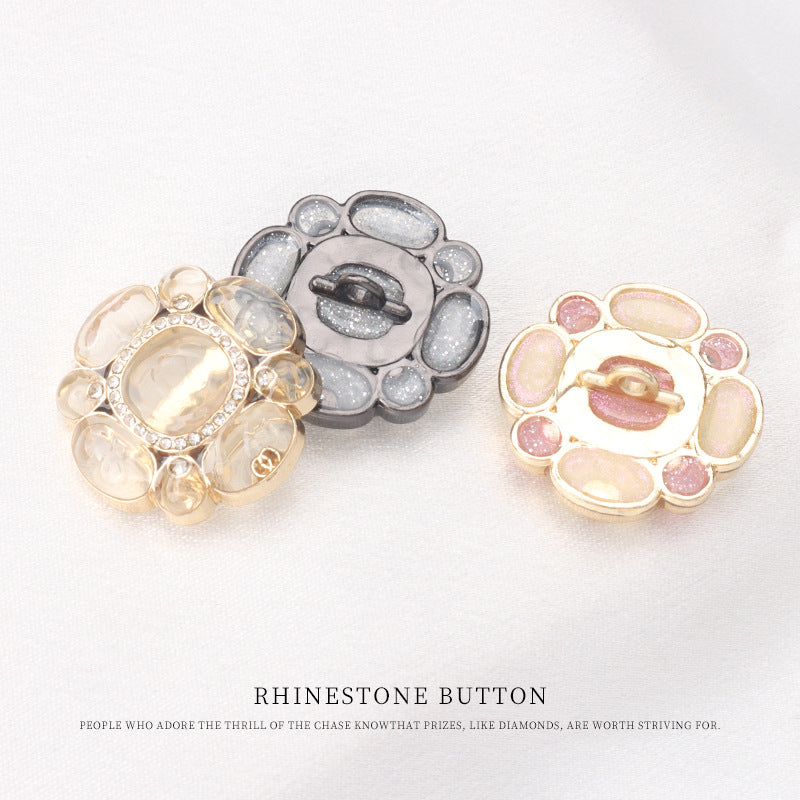 Botones florales de pedrería con broche trasero, tonos dorado y plateado, cristales rosa y crema