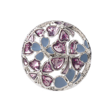 Round shank button, silver metal with pink and blue rhinestone floral
