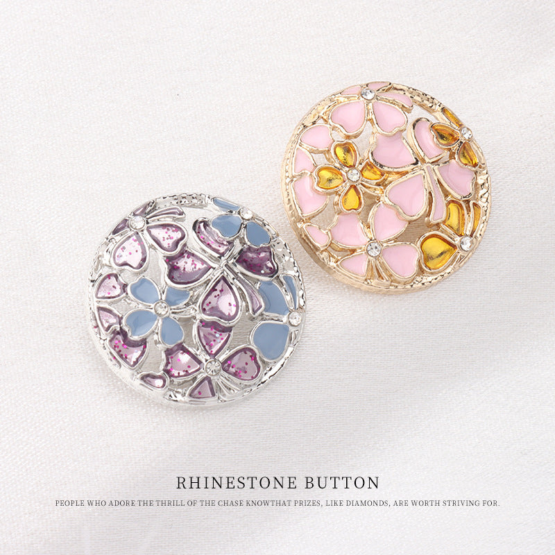 Gold shank buttons, pink enamel with yellow rhinestone floral details