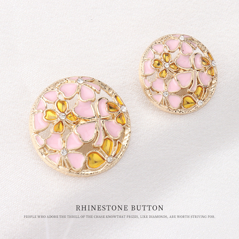 Gold round shank button, pink floral enamel with yellow rhinestones