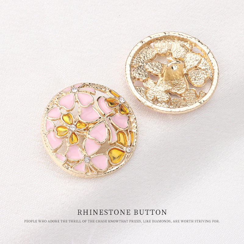Gold round shank button back, metallic loop shank and rhinestone floral
